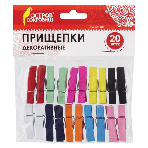 Прищепки декоративные КЛАССИКА, 20 штук, 3,5см, 10 цветов, ОСТРОВ СОКРОВИЩ, 661289