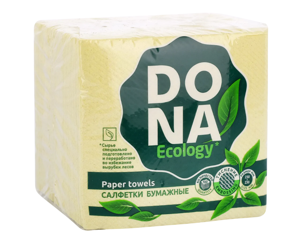 Салфетки бумажные DONA ECOLOGY 100шт. желтыетисненые, целлюлоза, 23х23см.
