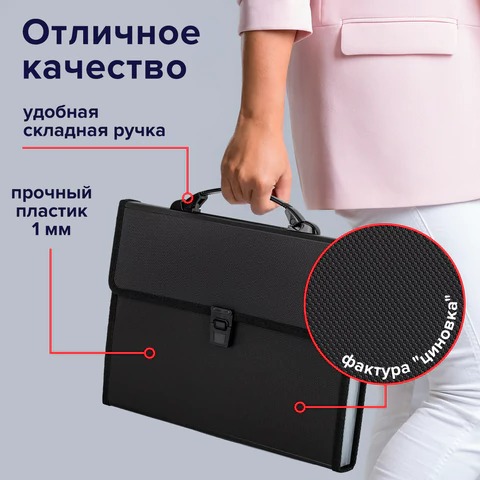 Папка-портфель пластиковая BRAUBERG А4 (332х245х35 мм.) 13 отделений, ЧЕРНАЯ, 221378