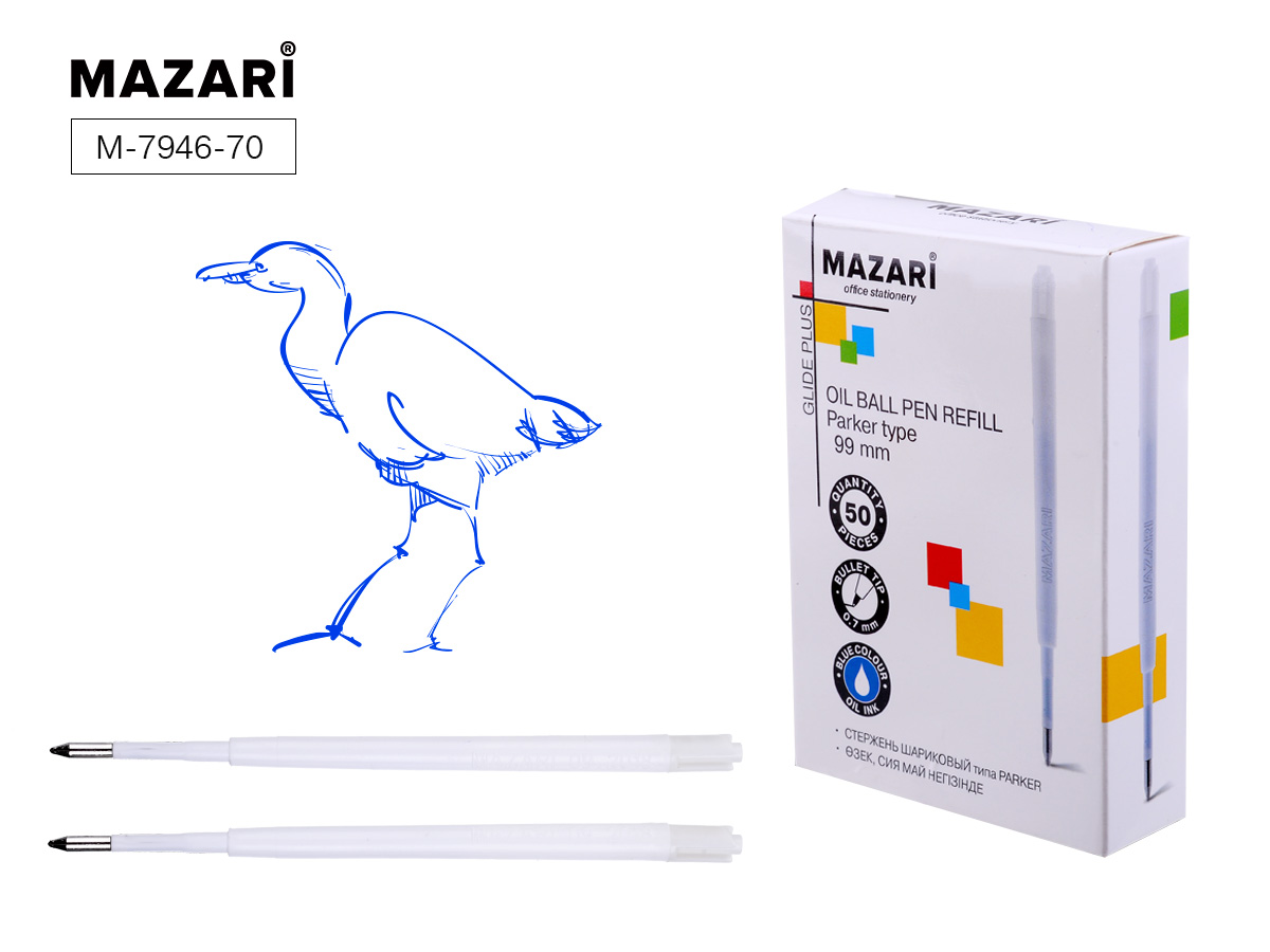 Стержень шариковый Mazari  98мм. тип Parker, синий, масляный M-7946-70