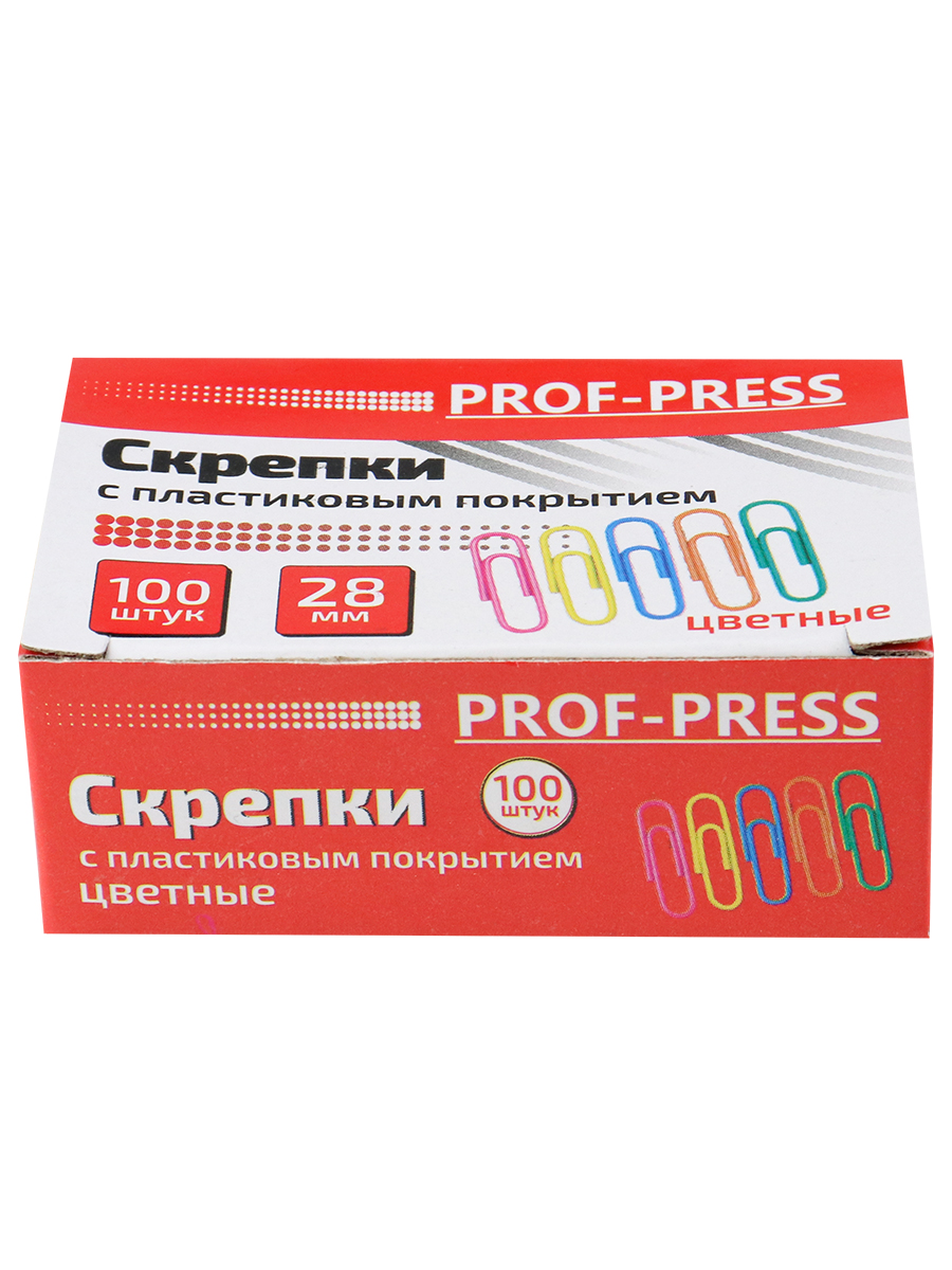 Скрепки канцелярские цветные PROF-PRESS 28 мм, ПВХ покрытие, ассорти, 100 штук, арт. СКР-3138