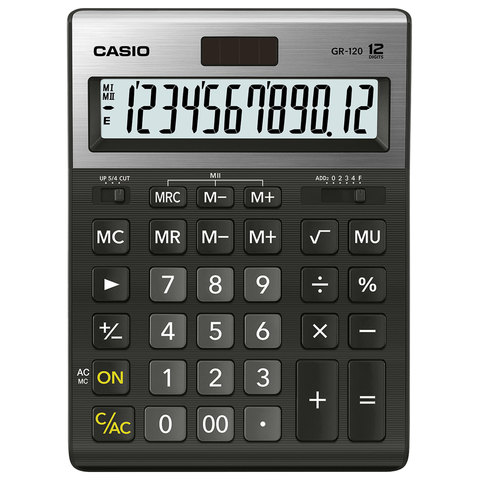 Калькулятор настольный CASIO GR-120-W (210х155 мм.) 12 разрядов, двойное питание, черный, металлическая верхняя панель