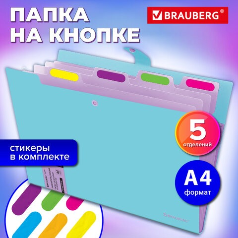 Папка-органайзер на кнопке 5 отделений, BRAUBERG Extra, А4, голубая с лиловым, 274099