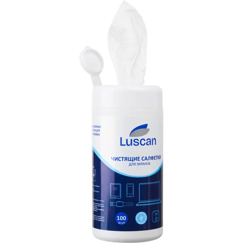 Салфетки чистящие для экранов Luscan, туба, 100шт. 112х110 мм. арт.1763024