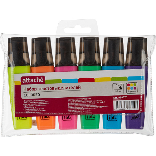 Набор текстовыделителей ATTACHE Colored, 6 цветов, линия 1-5 мм. арт.958570