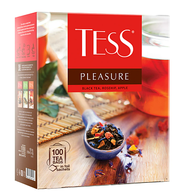 Чай TESS PLEASURE, черный с шиповником и яблоком, 100 пак. 150гр.