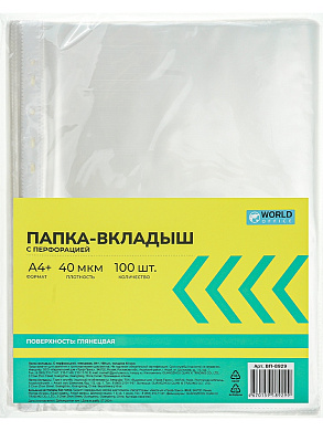 Папка-файл А4 с перфорацией WorldOffice, 40мкм, глянцевая, 100 шт/упак. арт.ВП-8929