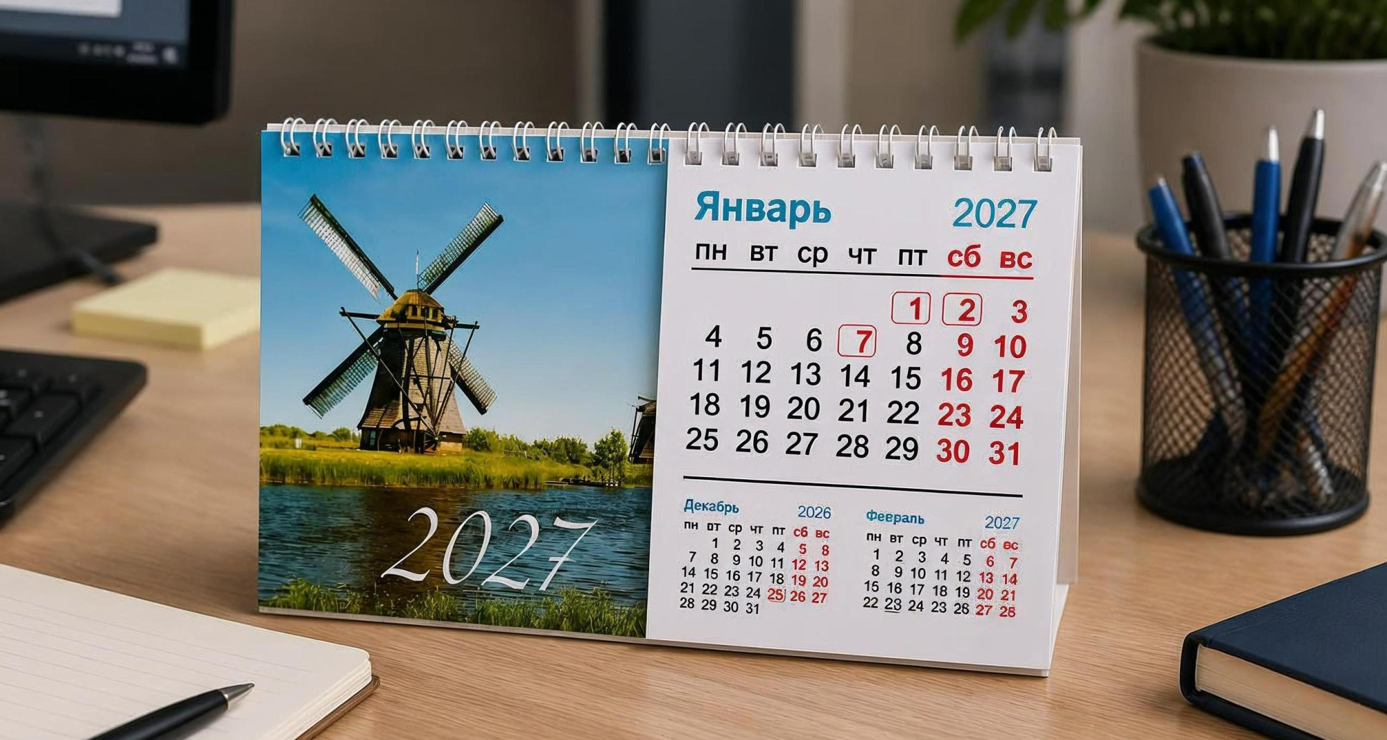 Календарь-домик на 2027г. 195х125мм. №11 Мельница, спираль, ламинация