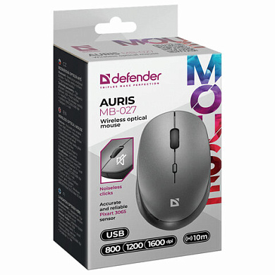 Мышь беспроводная DEFENDER Auris MB-027, USB, 3 кнопки + 1 колесо-кнопка, оптическая, серая, 52029/513817