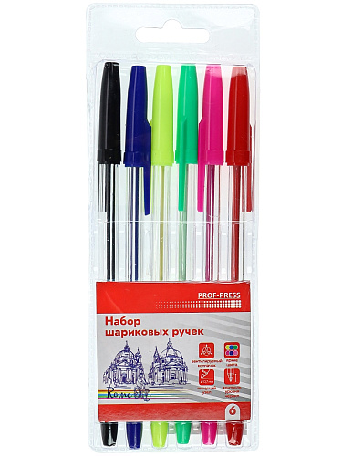 Набор ручек шариковых PROF-PRESS 6 шт.,6 цв., блистер, арт.НР-4735
