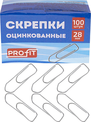 Скрепки канцелярские 28 мм. 100 шт. PROFIT оцинкованные, прямоугольные, в картонной коробке, арт.СКР-3135
