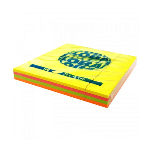 Блок клейкий GLOBAL NOTES 75x75 мм., неон (4 цвета), 100 листов