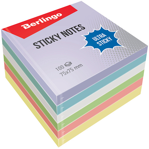 Самоклеящийся блок Berlingo "Ultra Sticky", 75*75мм, 6*100 листов, 5 пастельных цветов + 1 белый