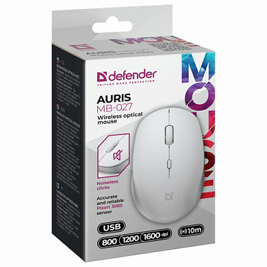 Мышь беспроводная DEFENDER Auris MB-027, USB, 3 кнопки + 1 колесо-кнопка, оптическая, белая, 52028/513819		