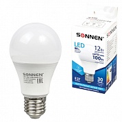 Лампа светодиодная SONNEN, 12 Вт. цоколь Е27, нейтральный белый свет , LED A60-12W-4000-E27, 453698
