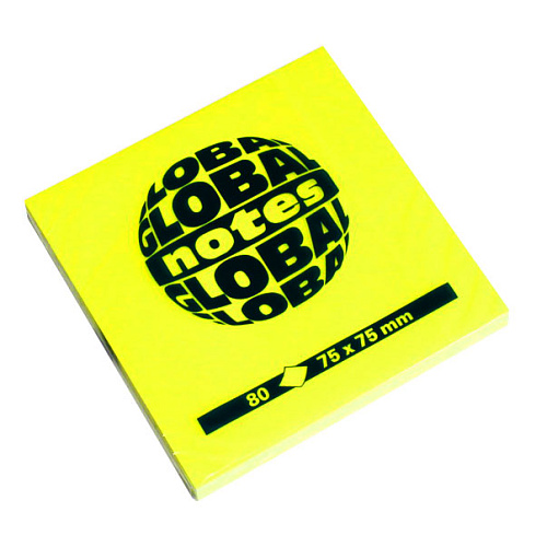  Блок клейкий GLOBAL NOTES 75 x 75 мм. 80 л. жёлтый неон