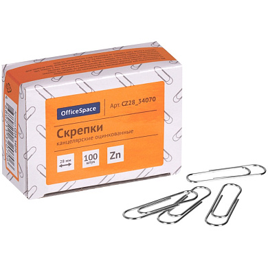 Скрепки 28мм, OfficeSpace, 100шт., оцинкованные, карт. упаковка арт.CZ28_34070