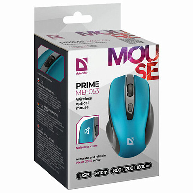 Мышь беспроводная DEFENDER Prime MB-053, USB, 5 кнопок + 1 колесо-кнопка, оптическая, бирюзовая, 52054/513820